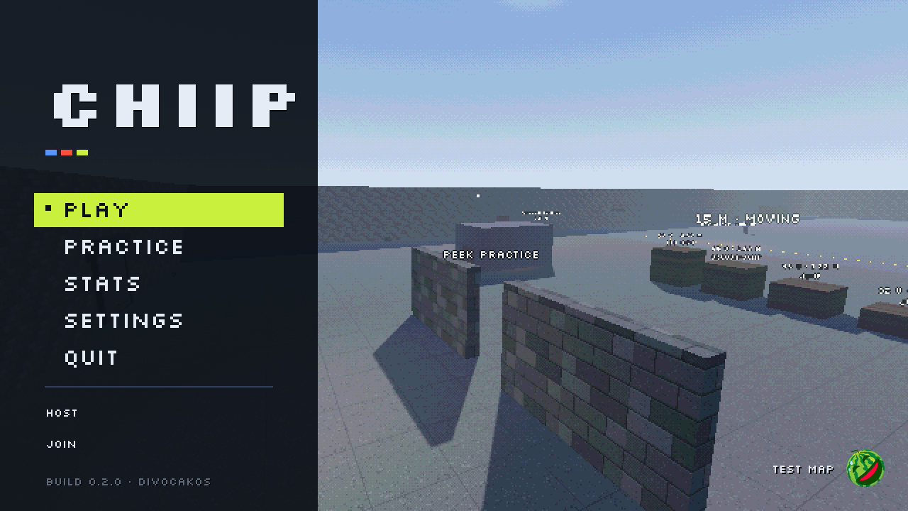 Chiip's main menu: Play, Practice, Stats, Settings and Quit, with Host and Join, over a slow flight across a map